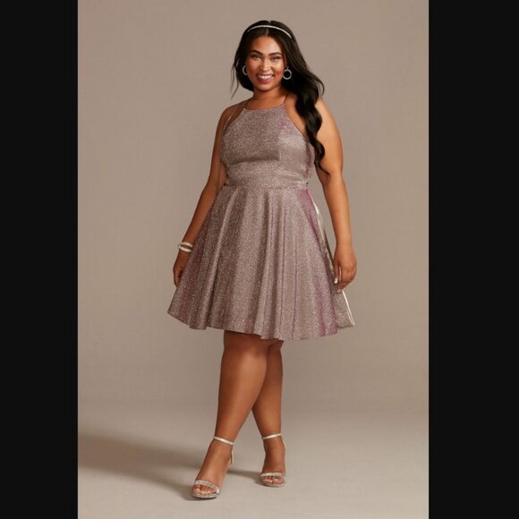 Jules & Cleo NWT Plus Size Metallic Mini Dress Lace Up Back Pink High Neck Sz 18 - Picture 1 of 10